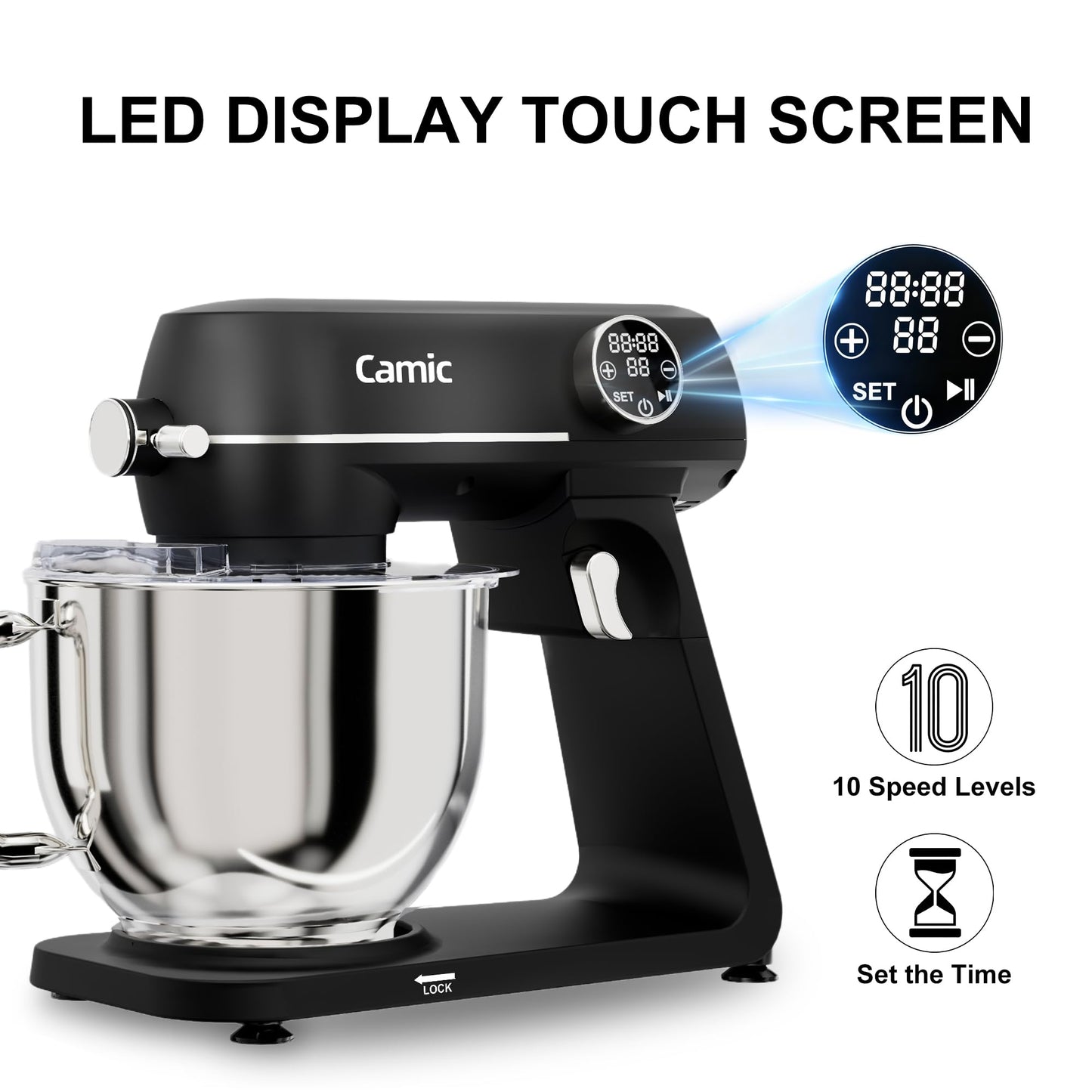 8.45 QT All Metal Stand Mixer,10 Speed Large Capacity Kitchen Mixer with Digital Timer & Tilt-Head, Electric Mixer with Whisk Dough Hook Mixing Beater for Baking,Cakes,Cookie,Bread,Salad (Black)