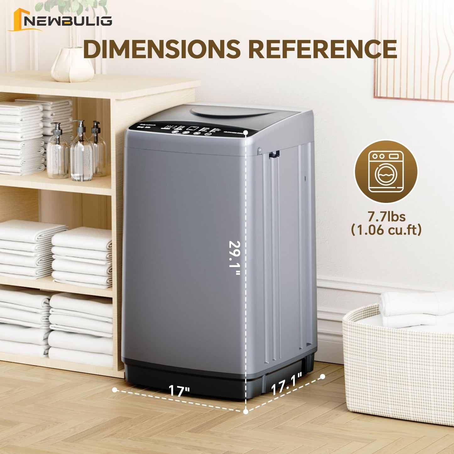 NEWBULIG 1.06 Cu.Ft Portable Washing Machine, 7.7 lbs Capacity Full-Automatic Compact Washer with 10 Wash Cycles & Auto-Balance, for Apartment RV Dorm Camping