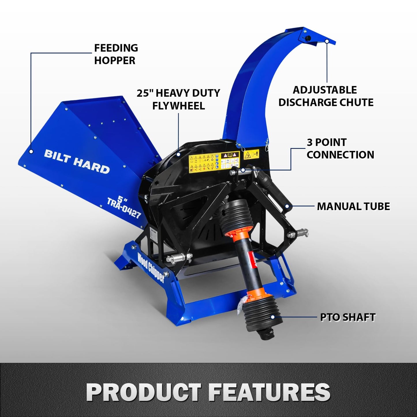 BILT HARD 5 Inch 3 Point PTO Powered Wood Chipper for 15-50 HP Tractors, Leaf Branch Shredder Mulcher, Category 1 Hitch and Quick Hitch Compatible, 25" Rotor with Reversible Blades