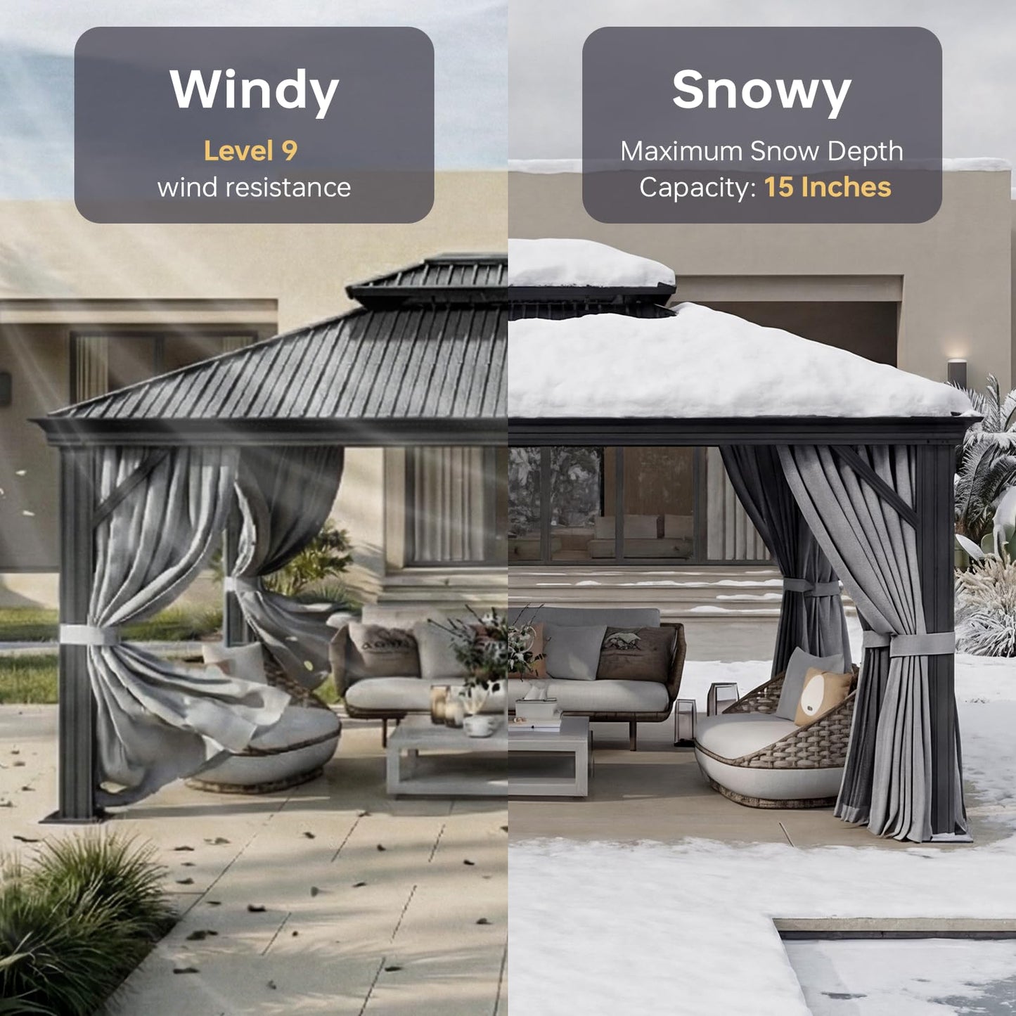 LET'S PATIO 12' x 16' Hardtop Gazebo, Outdoor Aluminum Gazebo with Galvanized Steel Double Roof and Drainage System, Permanent Metal Pavilion with Curtains and Netting for Patio, Deck and Lawn, Gray