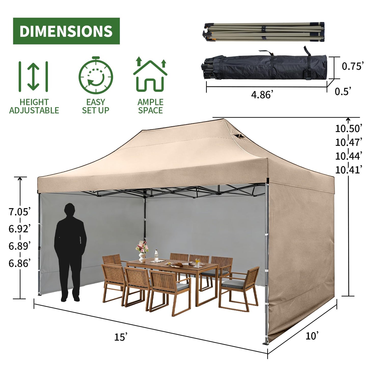 10x15 Heavy Duty Pop Up Canopy Tent, Outdoor Commercial Easy Up Canopy Outdoor Party Tents with 3 Removable sidewalls and Wheeled Bag for Events, Parties, Weddings(Khaki)