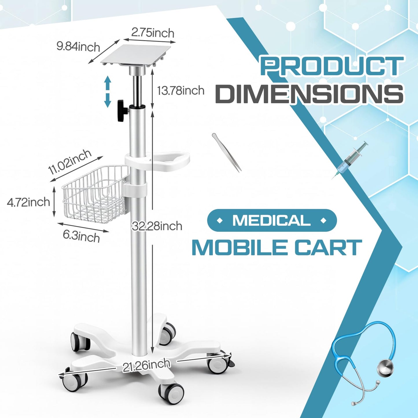 DaisyInner Adjustable Mobile Medical Cart with Wheels, Load up to 33 Lbs, Laptop Rolling Cart with Storage Basket 16.5" x 16.7" Large Tabletop Medical Trolley Workstation for Hospital, Lab Use(Tray)