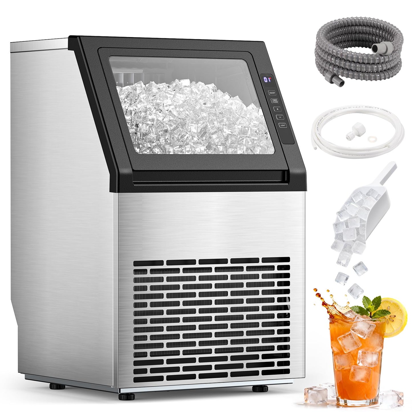 Electactic Commercial Ice Maker Machine, 80Lbs/24H Under Counter ice Machine with 24 Hours Timer & LCD Panel, 28lbs Storage, Self-Cleaning Freestanding Ice Maker for Home, Bar, Restaurant, Office