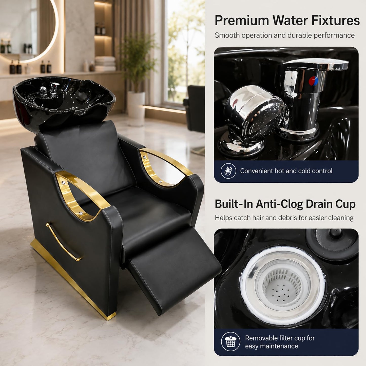 Shampoo Bowl and Chair Set, Adjustable Ceramic Backwash Unit with PU Leather Chair and Stainless Steel Armrests for Barber Shop