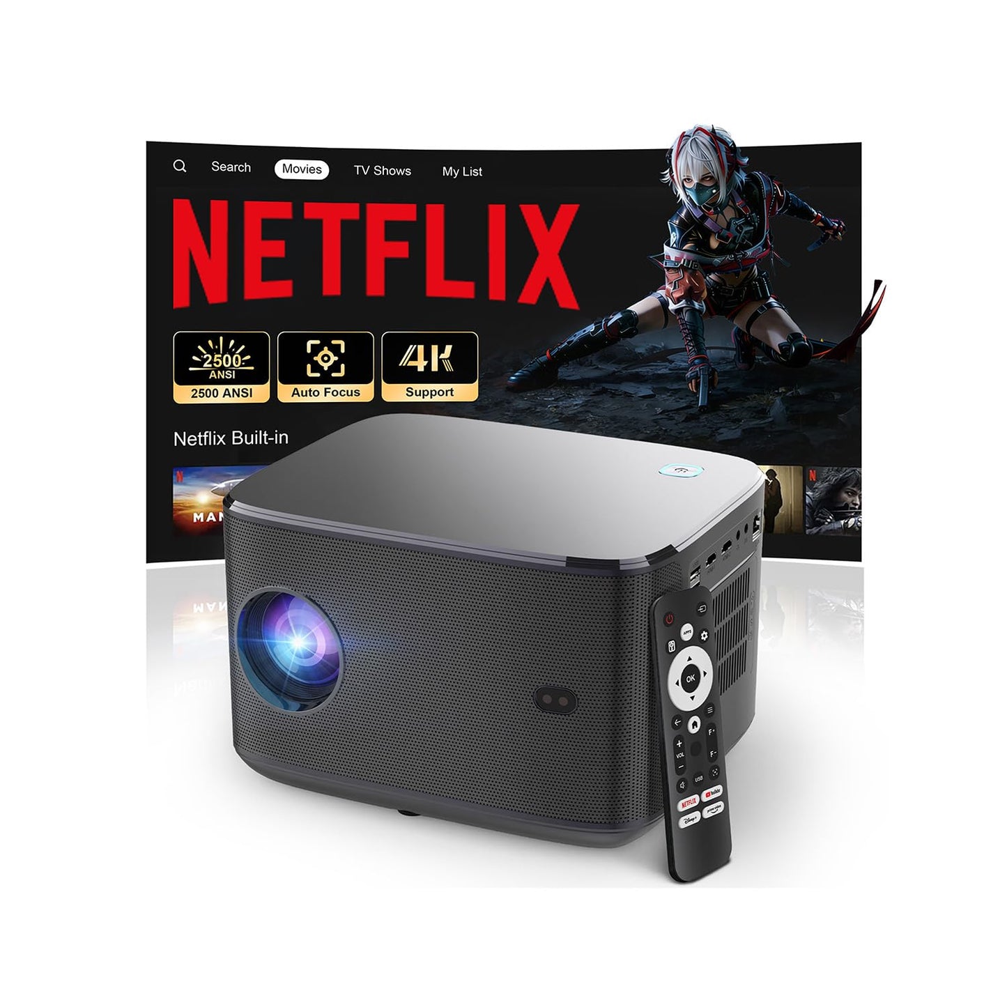 Polaring Native 1080P Projector with Official Licensed Netflix, 4K Supported Smart Movie Projector with WiFi and Bluetooth,Auto Focus/Keystone, Sealed Optical Engine for Home Theater & Bedroom