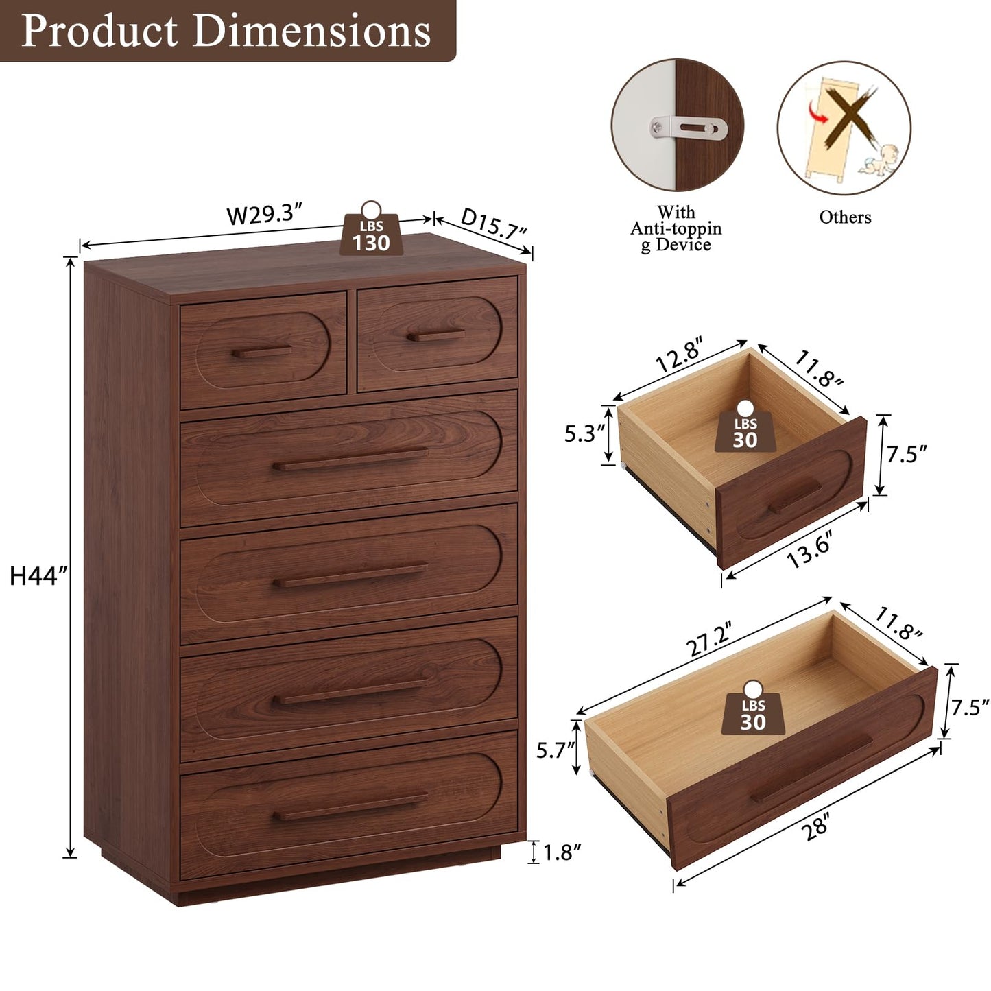YANSNWO Walnut 6 Drawer Dresser for Bedroom, 44" Tall Dressers & Chest of Drawers w/Solid Wood Handle, Wood Mid Century Closet Organizers and Storage Cabinet for Bedroom, Living Room, Hallway, Walnut