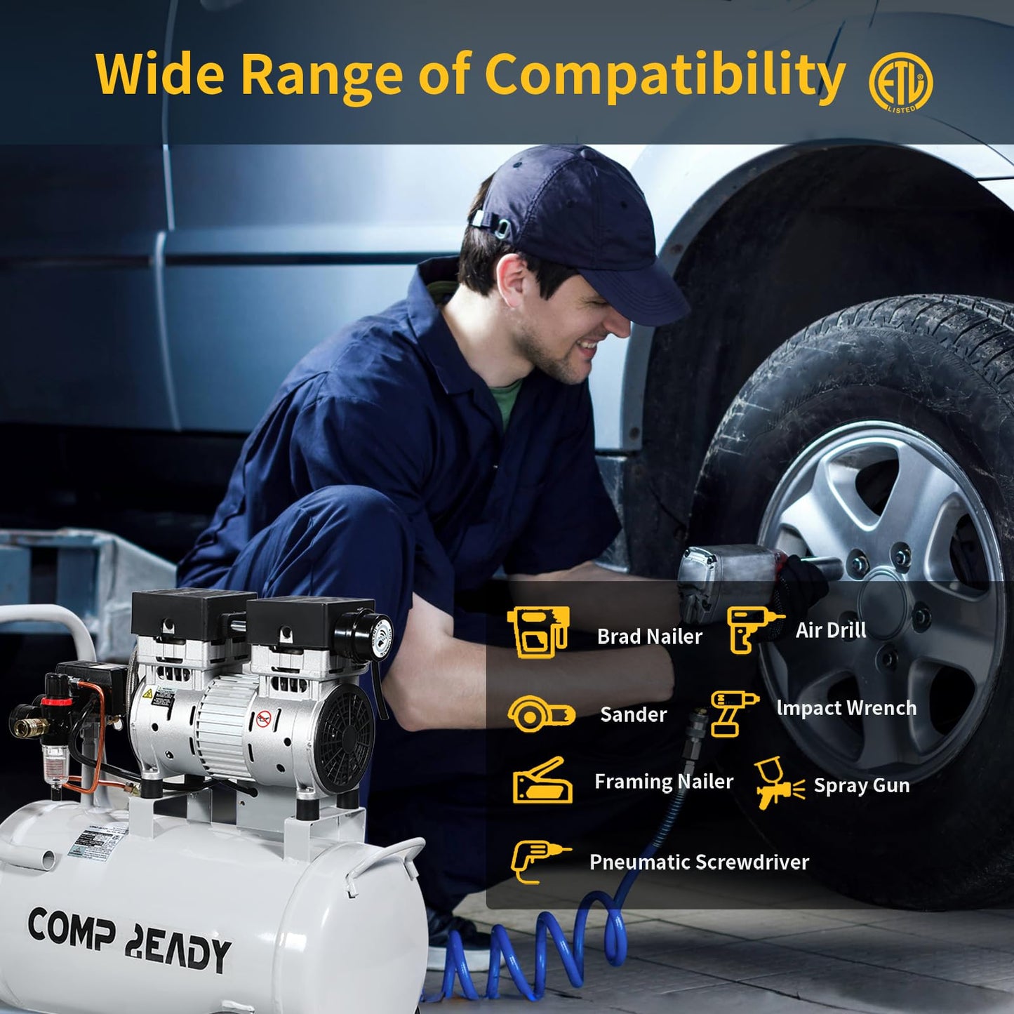 2 Gallon Portable Air Compressor 0.75HP 1.7 CFM@90PSI 60dB Ultra Quiet Oil Free Air Compressor for Tire Inflation Pneumatic Tool Spray Painting