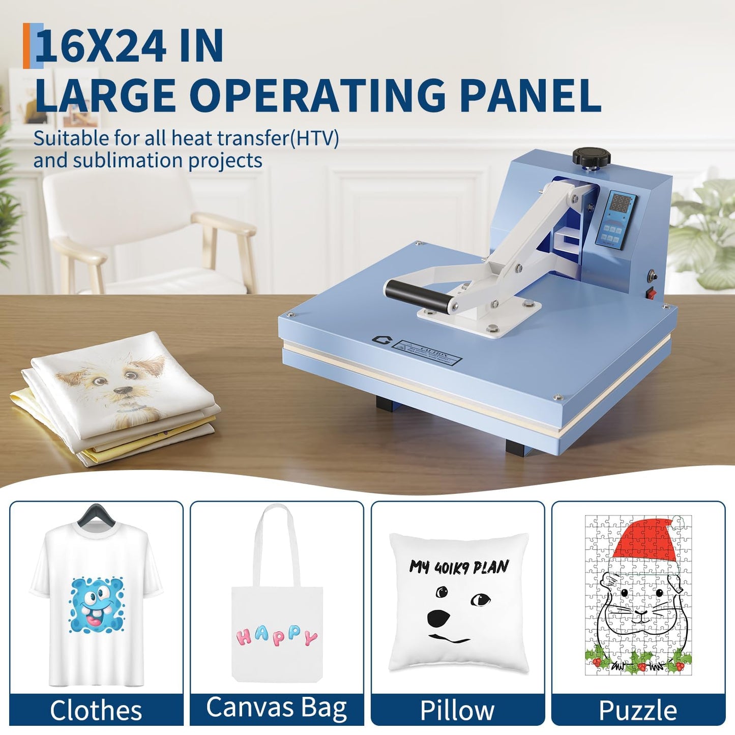 16x24 Heat Press Machine for t-Shirts, Sublimation Transfer, Fast Heating, Digital Precise Temperature Control, Adjustable Pressure, Industrial Transfer Printer for Commercial & Home Use, Hazy Blue