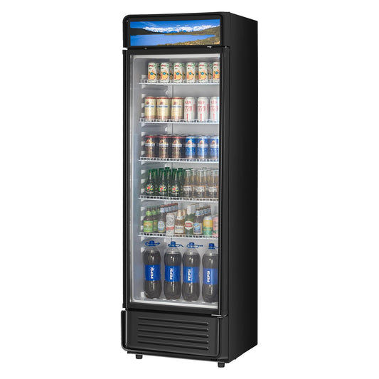 VEVOR Commercial Merchandiser Refrigerator, 12.2 CU.FT Glass Door Display Refrigerator, Beverage Cooler Merchandiser with Adjustable Shelves, Soft LED Light, Customizable Lightbox, Black