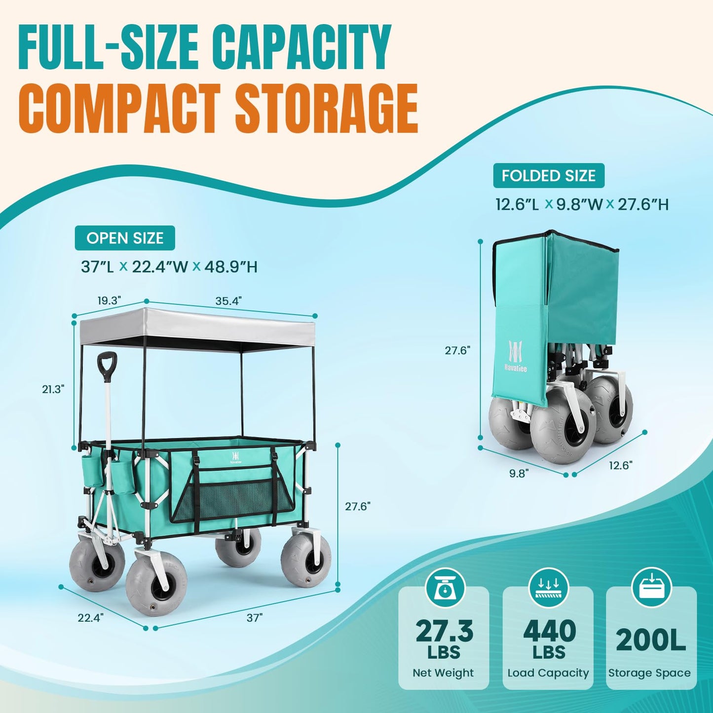 Navatiee Beach Wagon with Big Balloon Wheels for Sand, 200L Extra Large Beach Cart with Canopy, 440Lbs Heavy Duty Folding Wagon Collapsible with 9" Tires & Side Pocket for Beach, Outdoor, Light Blue