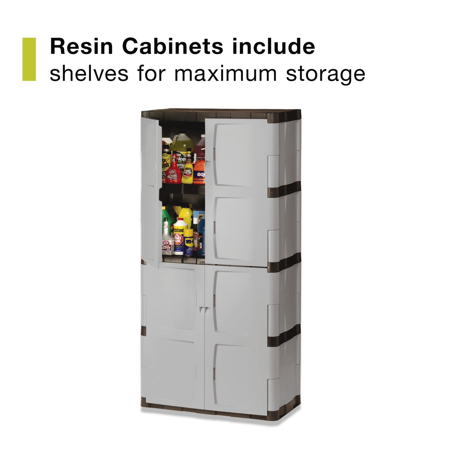 Rubbermaid Freestanding Storage Cabinet Five Shelf with Double Doors Lockable Large 690-Pound Capacity Gray For Garage/Outdoor Garden Tools/Toys/Power Tools/Pool Accessories Grey