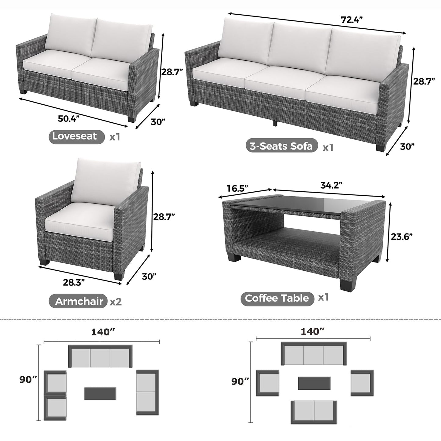 Garvee Patio Furniture Set 5 Pieces, 7-Seat PE Rattan Wicker Outdoor Sectional Patio Conversation Set with Waterproof Cusions and Coffee Table, Grey and Grey