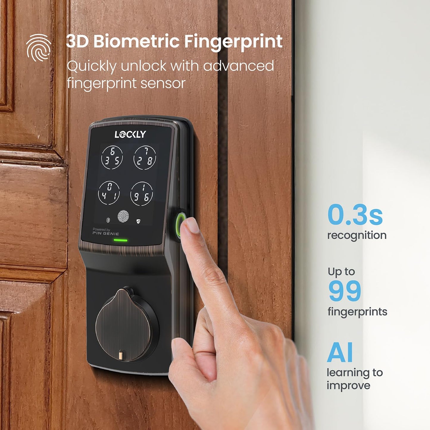 Lockly Secure Pro Smart Deadbolt, Wi-Fi Smart Lock, Keyless Entry with PIN Genie® Keypad, 3D Biometric Fingerprint, Auto Lock, Rekeyable-Venetion Bronze
