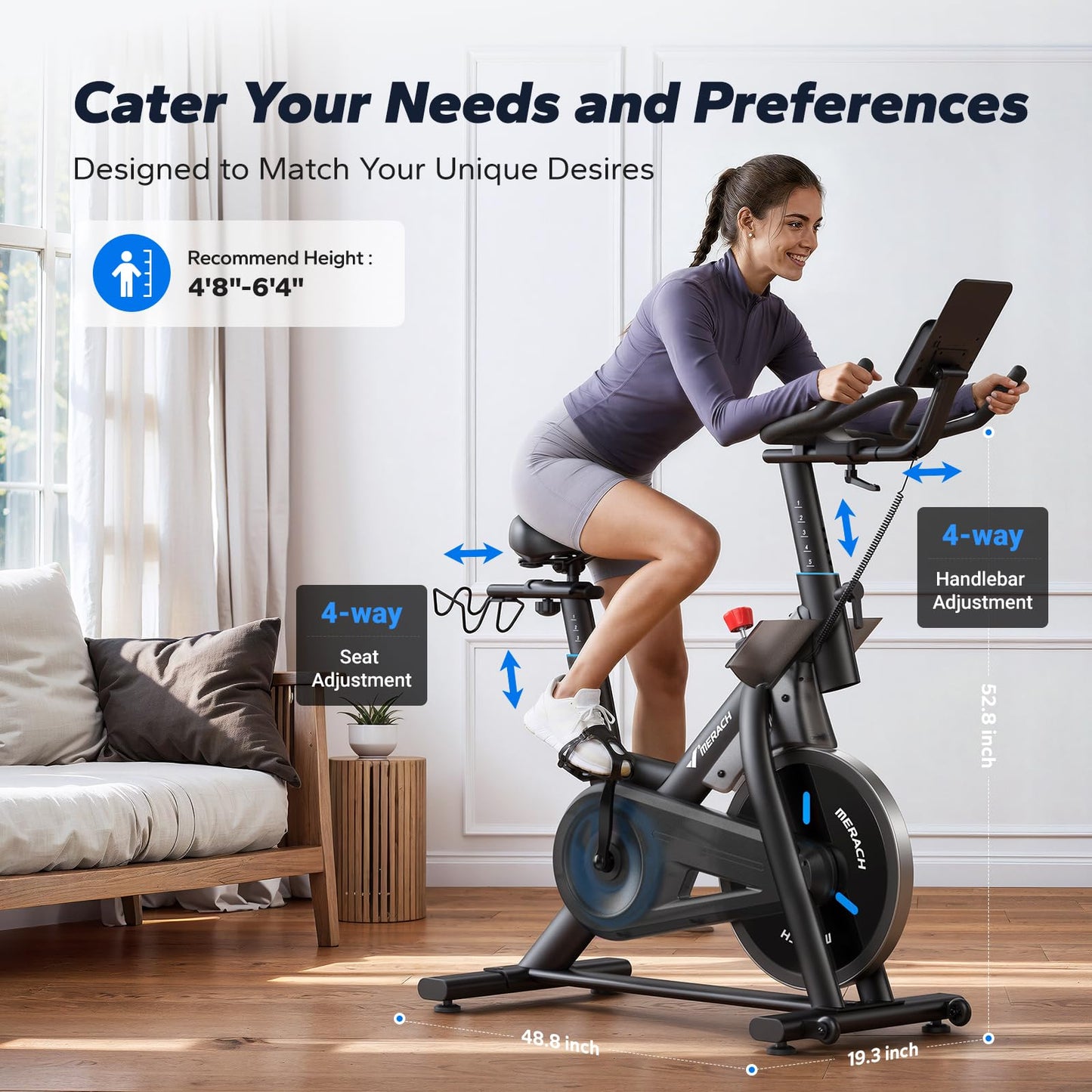 Merach Magnetic Exercise Bike for Home Gym, Low Noise Stationary Bike with Soft Seat Cushion, Indoor Workout Bike with 350 lbs Weight Capacity, Spinning Bike with Self-Developed App, Tablet Mount