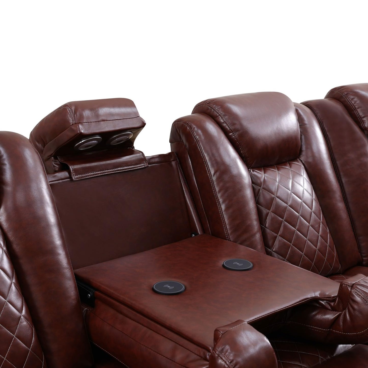 Reclining Sectional, Power Sectional Couch, Leather Sofa Set for Living Room, Comfy Home Theater Seating with USB 2.0 Charging Ports, LED Light Strips, Fold-Down Table & Cupholders (Red, 3-Piece)