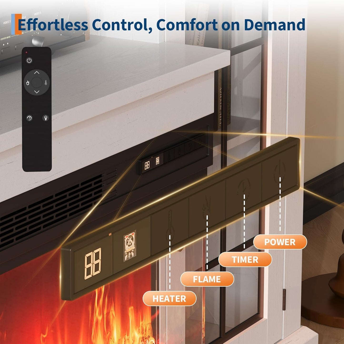 GAOMON 75" TV Stand & 40" 3 Sided Glass Electric Fireplace, 12 Colors LED Lights Flame, 750W/1500W for Max 85" TVs, 2 Tier Storage 2 Door Glass Cabinet