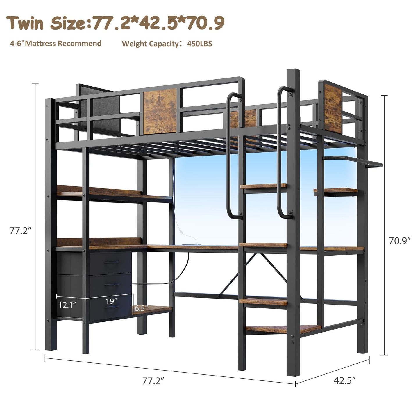 GarveeLife Twin Size Loft Bed Frame with Desk and Storage Shelves, Metal Loft Bed with Ladder and Full-Length Guardrails, Space Saving Kids Bed with Built-in Workstation for Bedroom, Black