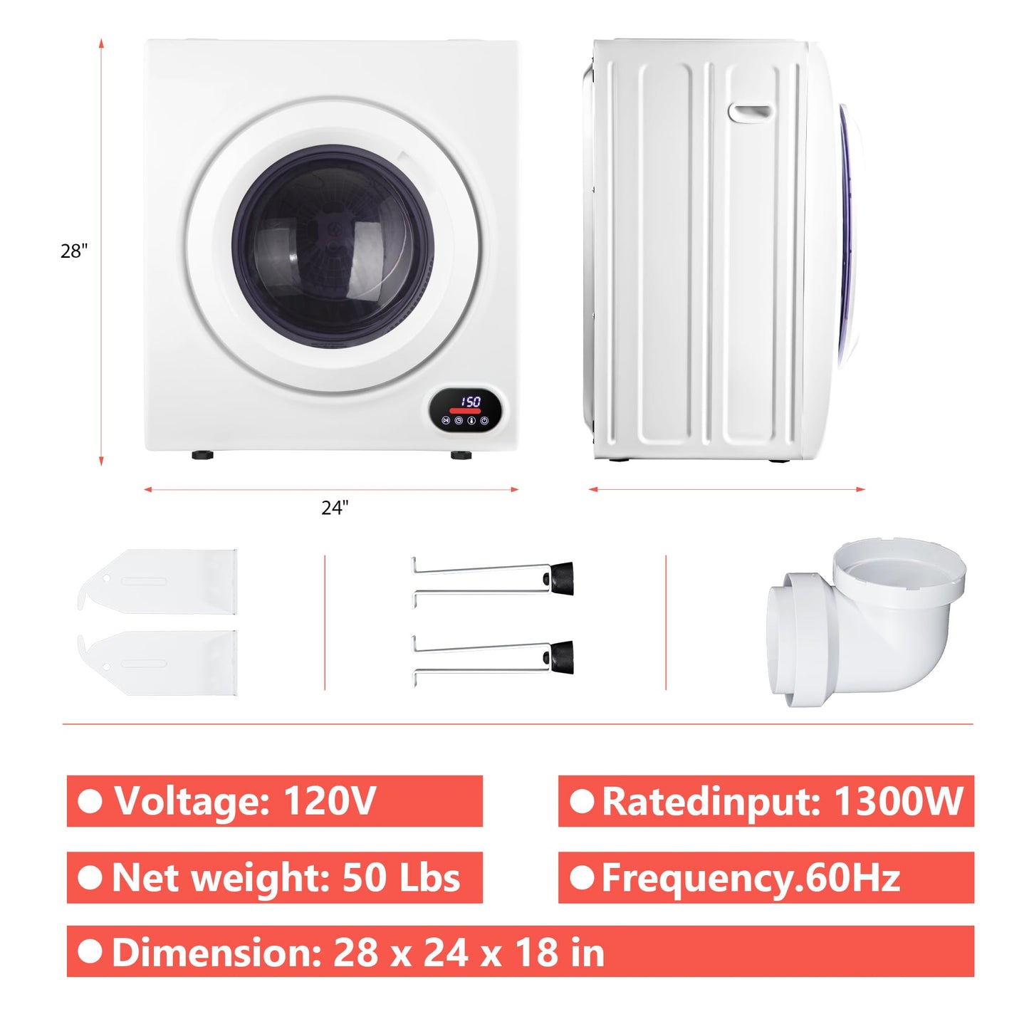 Euhomy Portable Dryer, 1400w, 2.65 Cu.Ft. Clothes Drying Machine with Exhaust Hose, Compact Dryer with Stainless Steel Drum, LCD Display, Suitable for Home, Apartment, RV