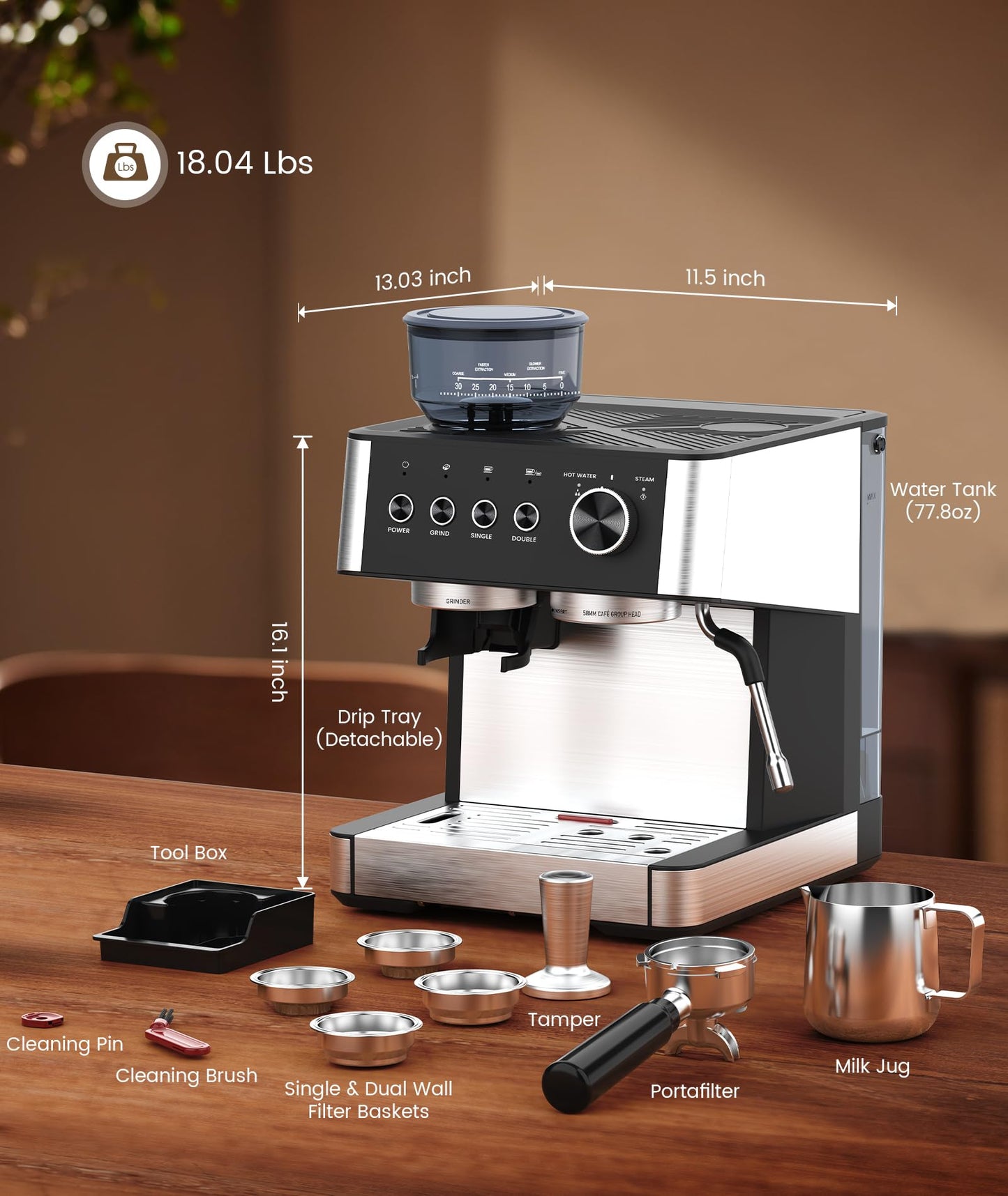 (2026 Upgrade) Espresso Machine with Grinder, Expresso Coffee Machines with Built-in Anti-Clog Coffee Grinder/Milk Steam Wand/Frother, Expresso Machines for Home Perfect Cappuccino & Latte-Gloss Black