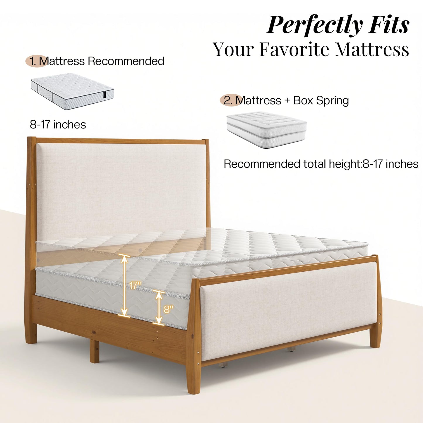Jocisland 58" Tall Solid Wood King Size Bed Frame with Upholstered Headboard & Footboard, Wooden Platform Bedframe, No Box Spring Needed, Easy Assembly, Modern Farmhouse Style, Walnut
