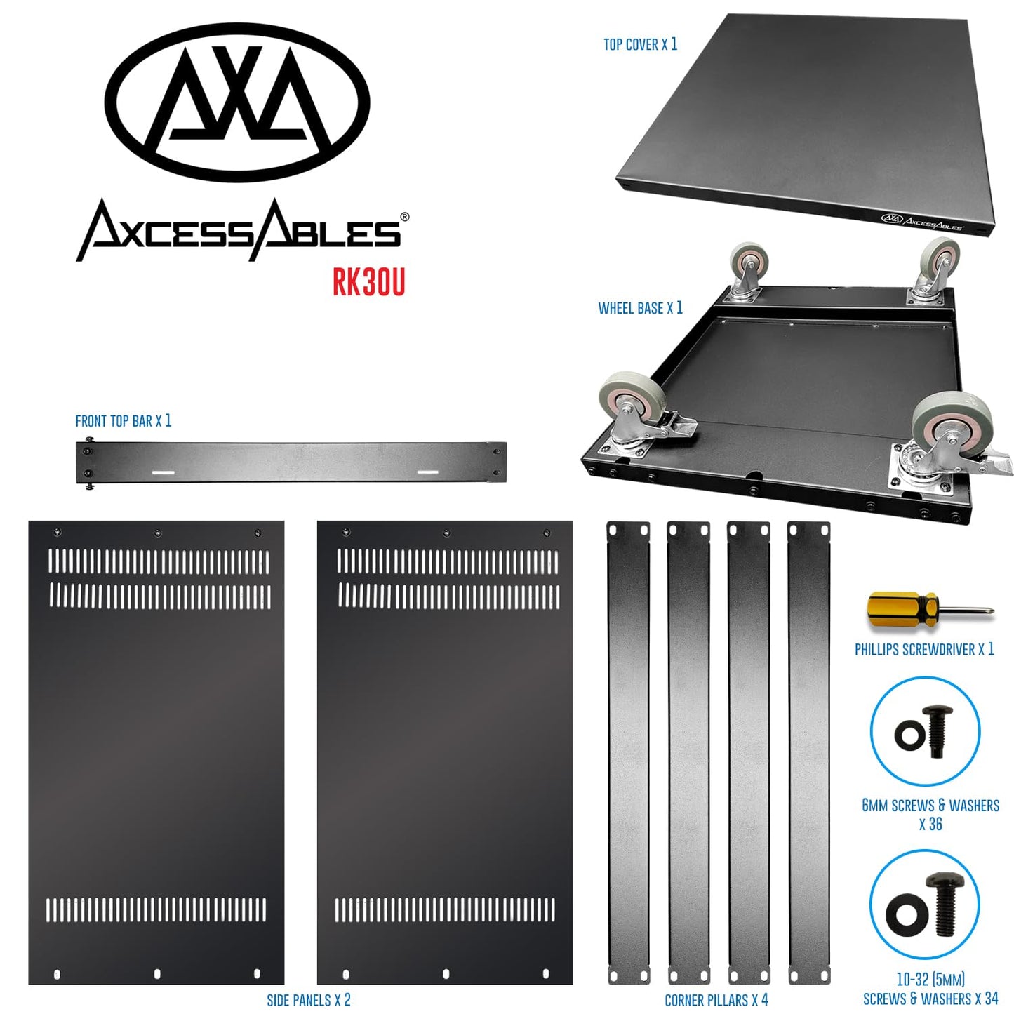 AxcessAbles 30U 19-Inch Rolling IT Server Rack 550LB Heavy Duty Open Frame with Removable Side Panels Large 3-Inch Wheels for Servers Networking and Audio-Video Equipment Includes 5mm and 6mm Screws