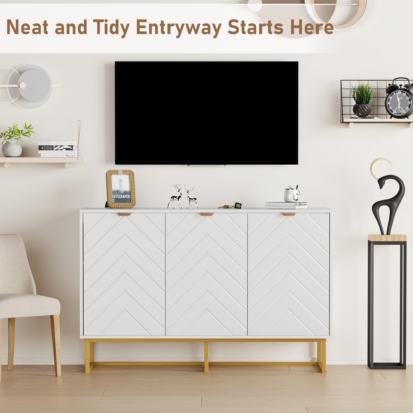 Garvee 47 in Modern Sideboard Buffet Cabinet with Storage, Wood Accent Storage Cabinet with Herringbone Doors & Shelf, Credenza Console Table for Dining Room Living Room Entryway, White