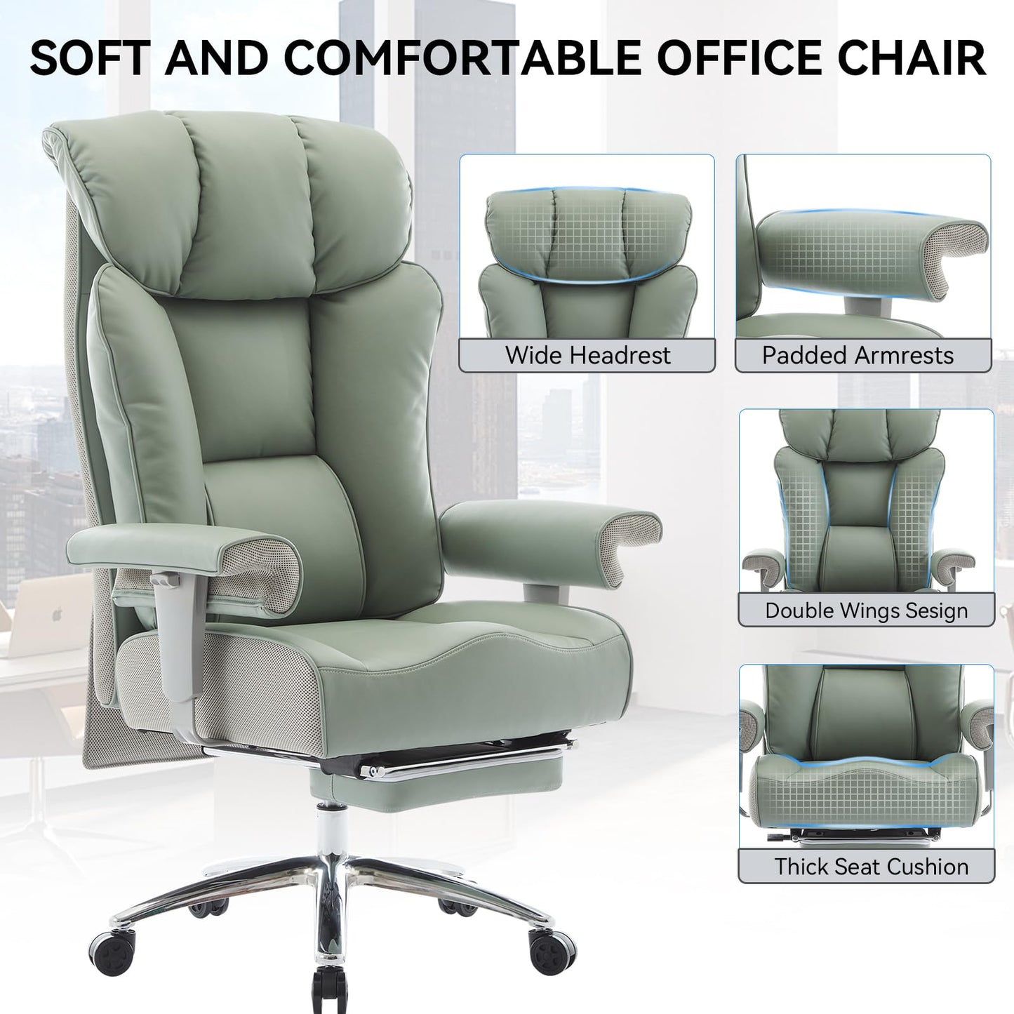Efomao Big and Tall Office Chair 400lbs - Heavy Duty Executive Desk Chair with Foot Rest & 23" Wide Seat - High Back Ergonomic Leather Computer Chair for Heavy People, Home Office, Green