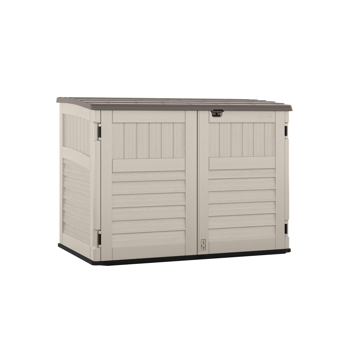 Suncast 5.9 ft. x 3.7 ft Horizontal Stow-Away Storage Shed - Natural Wood-Like Outdoor Storage for Trash Cans and Yard Tools - All-Weather Resin, Hinged Lid, Reinforced Floor - Made in the USA