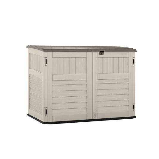 Suncast 5.9 ft. x 3.7 ft Horizontal Stow-Away Storage Shed - Natural Wood-Like Outdoor Storage for Trash Cans and Yard Tools - All-Weather Resin, Hinged Lid, Reinforced Floor - Made in the USA
