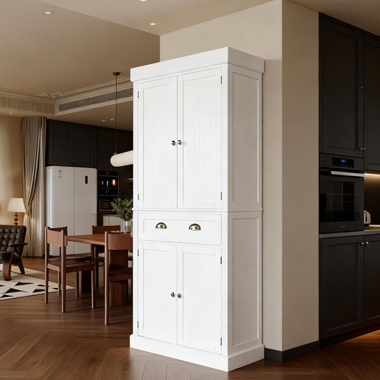 VINGLI 71-Inch White Storage Cabinets with Drawers, Freestanding Pantry Cabinets with Doors and Shelves Adjustable, Wood Farmhouse Kitchen Pantry Cupboard