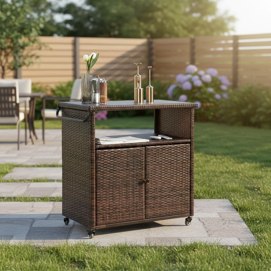 GDFStudio Outdoor Wicker Bar Cart with Wheels, Patio Rolling Rattan Beverage Serving Cart with Plastic Wood Top, Storage Cabinet Wine Trolley for Backyard, Garden, Poolside, Porch Party, Light Brown