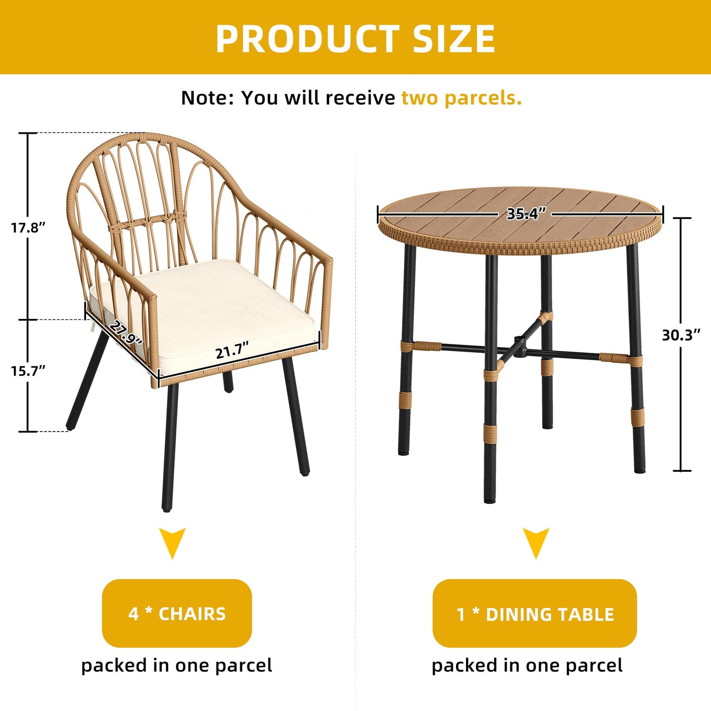 DWVO 5 Piece Patio Dining Sets, Outdoor Dining Furniture Set with 2" Umbrella Hole, Wicker Rattan Round Table and Chairs Set with Comfortable Cushions for Patio, Balcony, Backyard, Beige