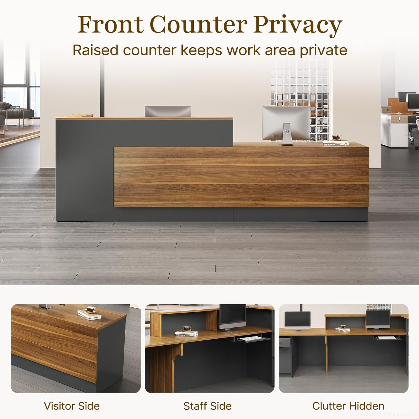 Nuipesn 94" Modern L-Shaped Reception Desk, Front Desk Counter with Drawer, Keyboard Tray and Storage Shelves, Right Layout, Dark Walnut