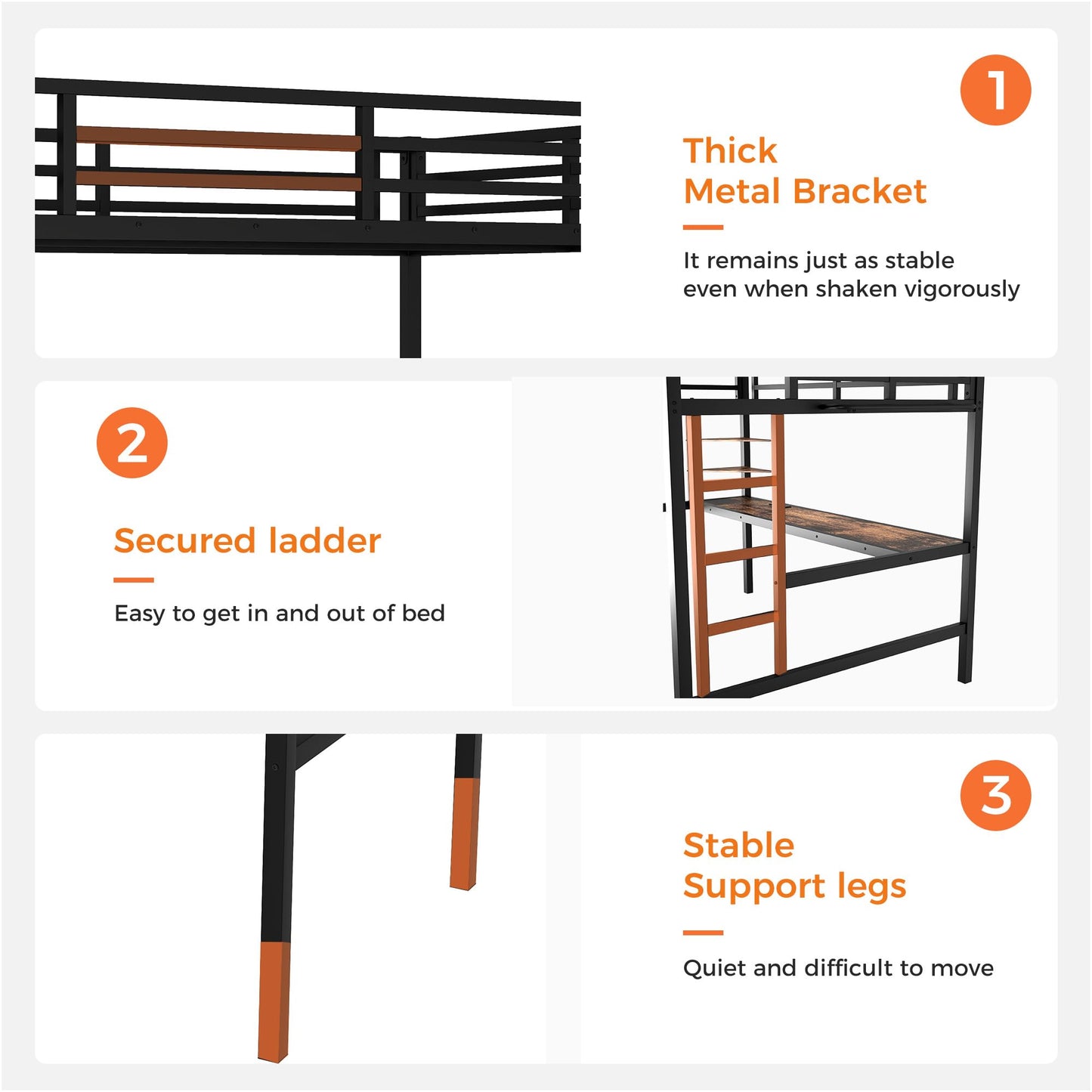 MAKIAAP Twin XL Size Metal Loft Bed with Desk & Ladder, LED Lights & Charging Station, Sturdy Noise-Free Frame for Kids, Teens & Adults, 350LBS, Space-Saving Design (Black, Twin XL)