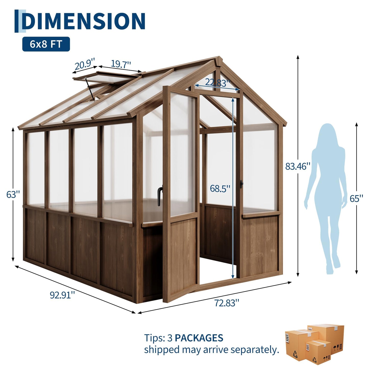 6x8 FT Greenhouse - Large Wooden Greenhouses for Outdoors, Heavy Duty Spruce Frame Greenhouse with PC Panels, Adjustable Roof Vents & Lockable Door, Walk-in Green Houses for Garden, Backyard, Patio