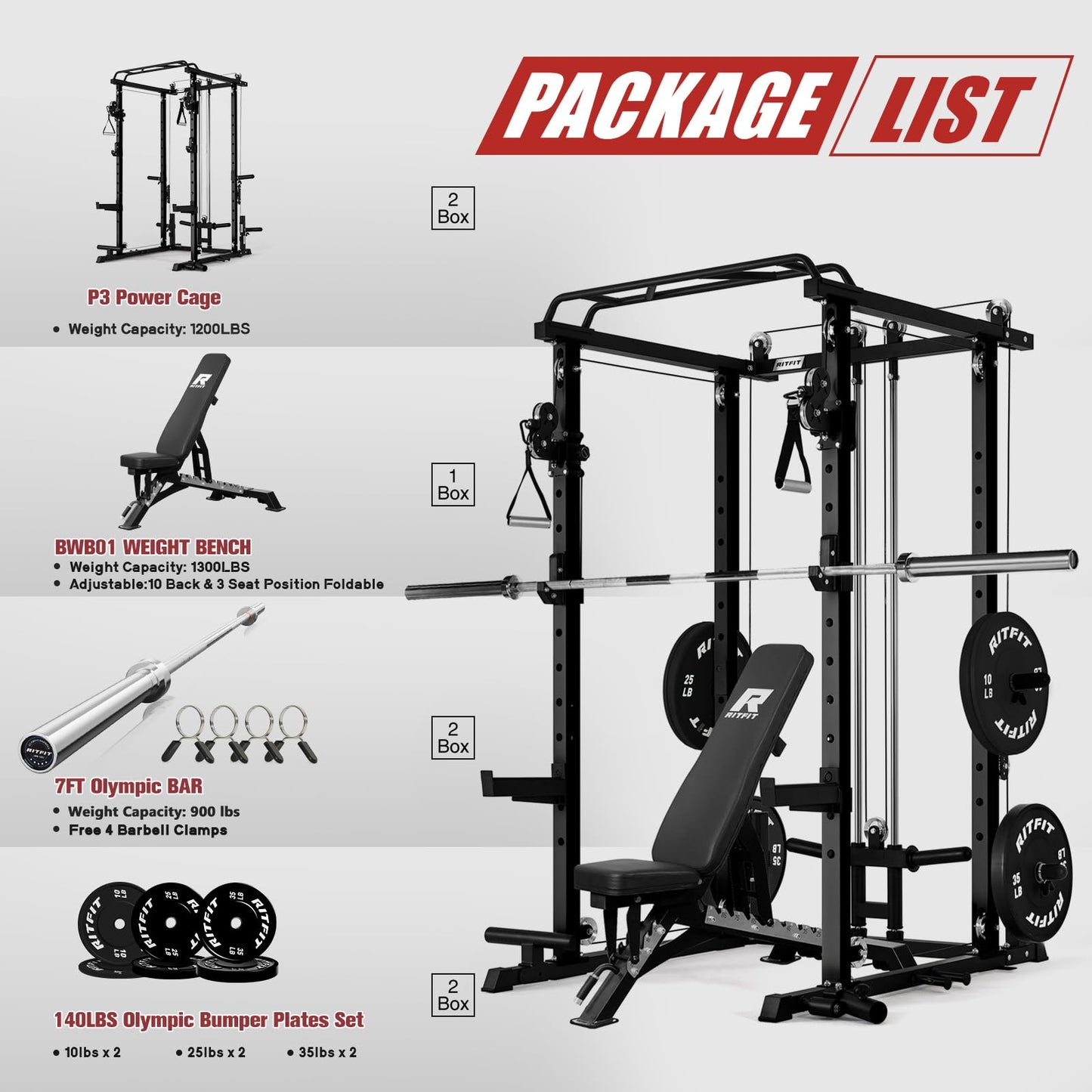RitFit Multi-Function Garage & Home Gym Package Includes 1200LBS Power Cage PPC-P3 with Cable Crossover System, Weight Bench, Olympic Barbell Weight Set, Full Body Workout-BLK,Bumper Plate 140lbs