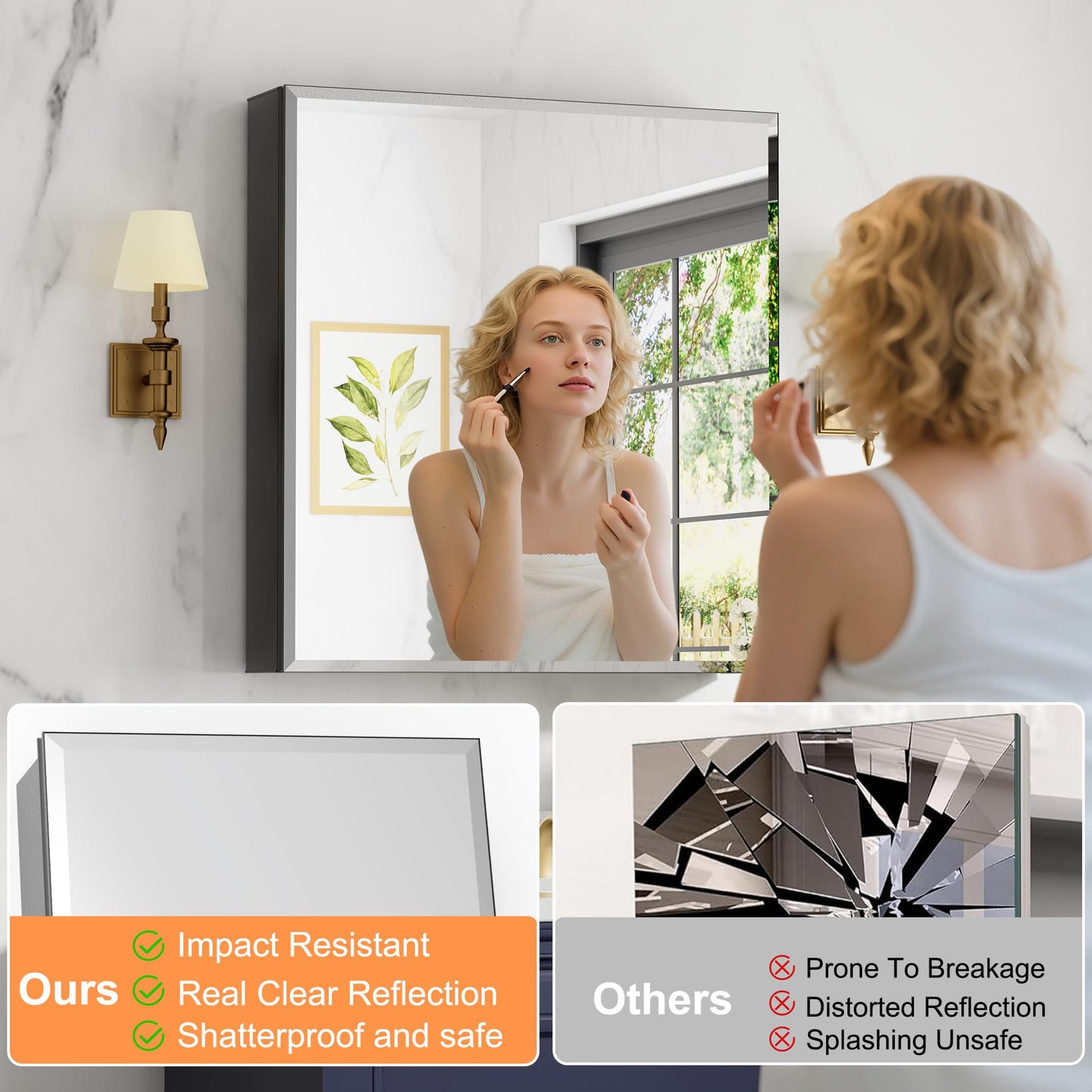Keazile 28 x 30 Inch Large Medicine Cabinet with Mirror, Black Aluminum Bathroom Cabinet with Storage, Oversized Single Door Tempered Beveled Glass, Recessed or Surface Mount, Adjustable Shelves