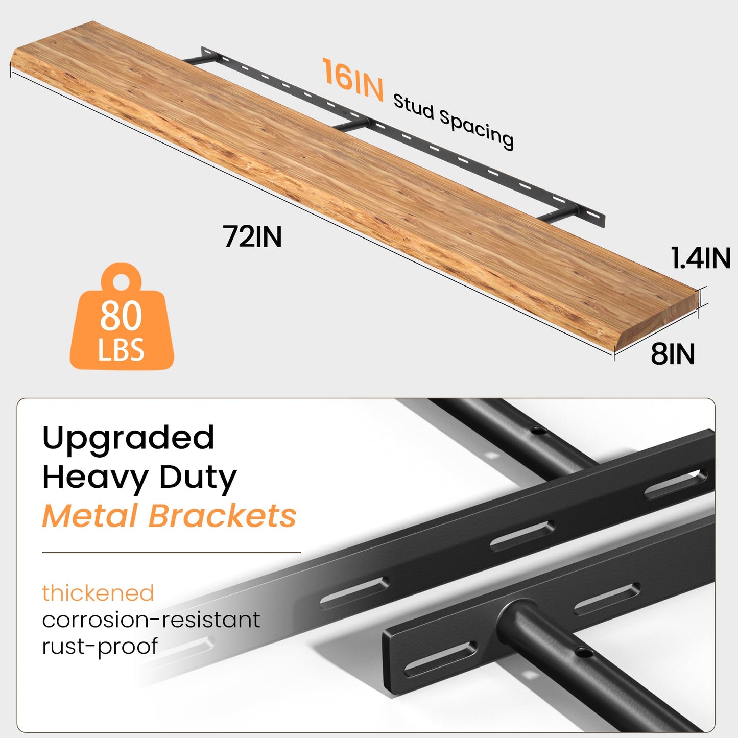Fun Memories Floating Shelves for Wall Decor, Rustic Solid Elm Wood Live Edge Floating Shelves Wall Mounted, Heavy-Duty Shelf with Invisible Bracket for Living Room Kitchen, 72 Inch Set of 1, Natural