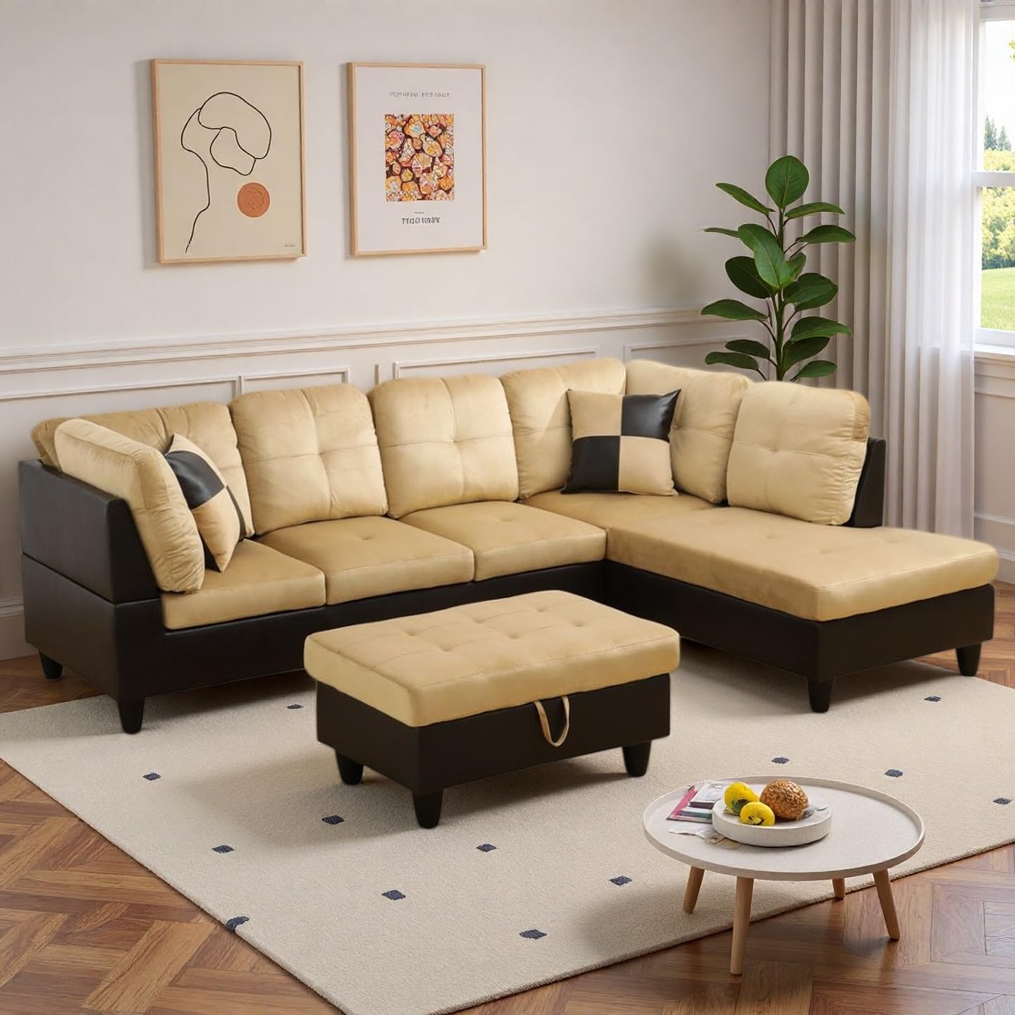NicBex Sectional Couch 3 Pieces Sofa Set, L-Shaped Modular Couches for Living Room, Furniture Sets with Lounge Chaise & Storage Ottoman, Multi-Scene Use for Apartment & Office, Black+White