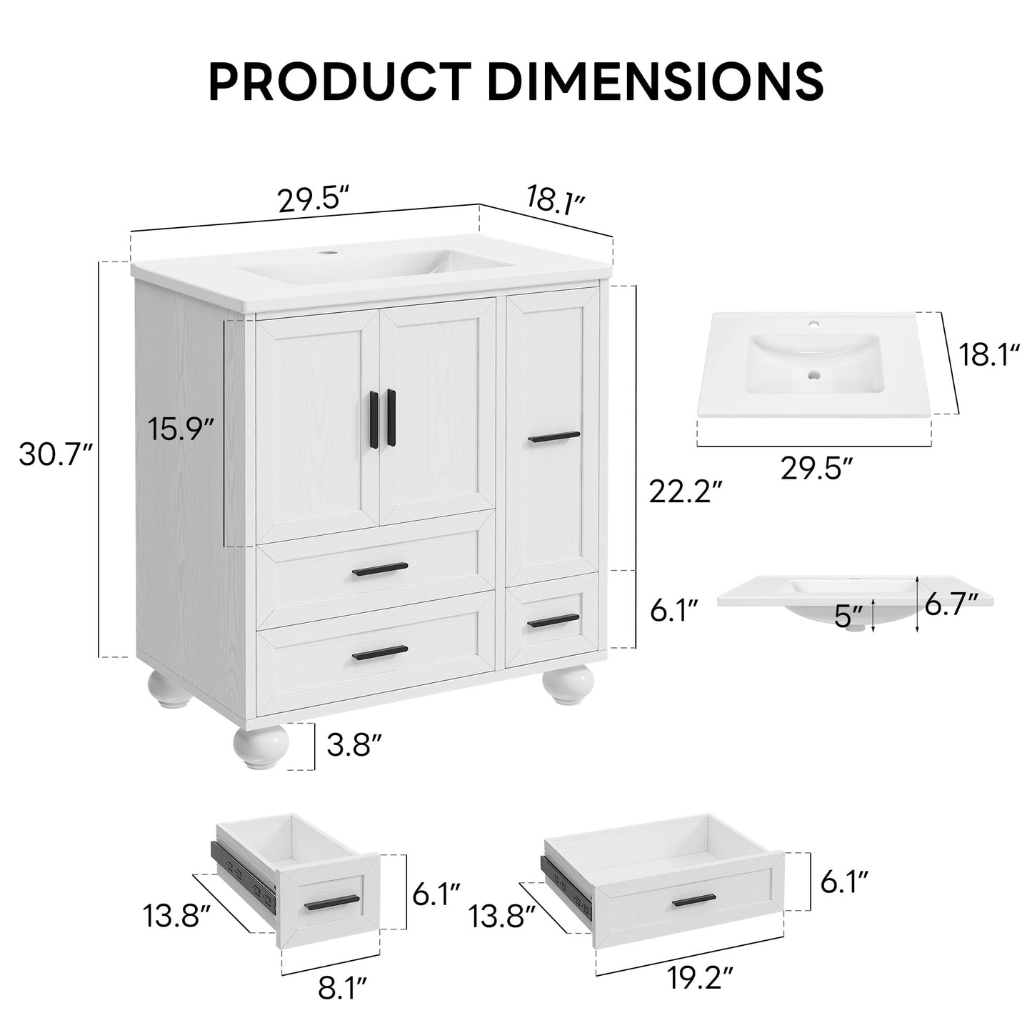 LIKIMIO 29.5" Bathroom Vanity with Sink, Hair Tool Drawer, 4 Solid Legs, 4 Drawers 2 Doors, Modern Freestanding Wooden Bathroom Cabinet with Undermount Upgraded SMC Sink, Quick Assembly, White