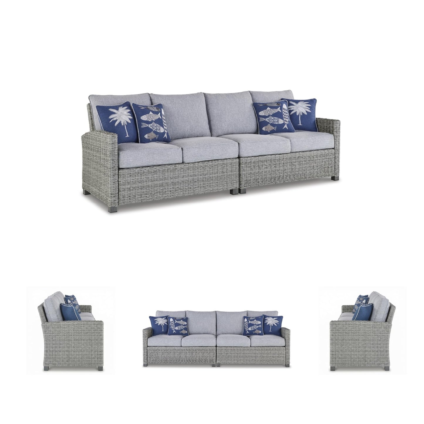 Signature Design by Ashley Naples Beach Casual Outdoor Right and Left-arm Facing Loveseat with Cushion and 4 Throw Pillows, Set of 2, Nuvella Weather Resistant Fabric, Light Gray