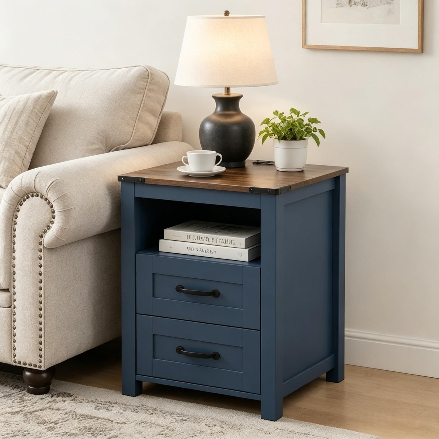 Stabrech Farmhouse Night Stand Set of 2, Rustic Blue Nightstand for Bedroom, End Tables Without Charging Station, Bedside Table with Drawers, Wood Bedside Cabinet Dresser