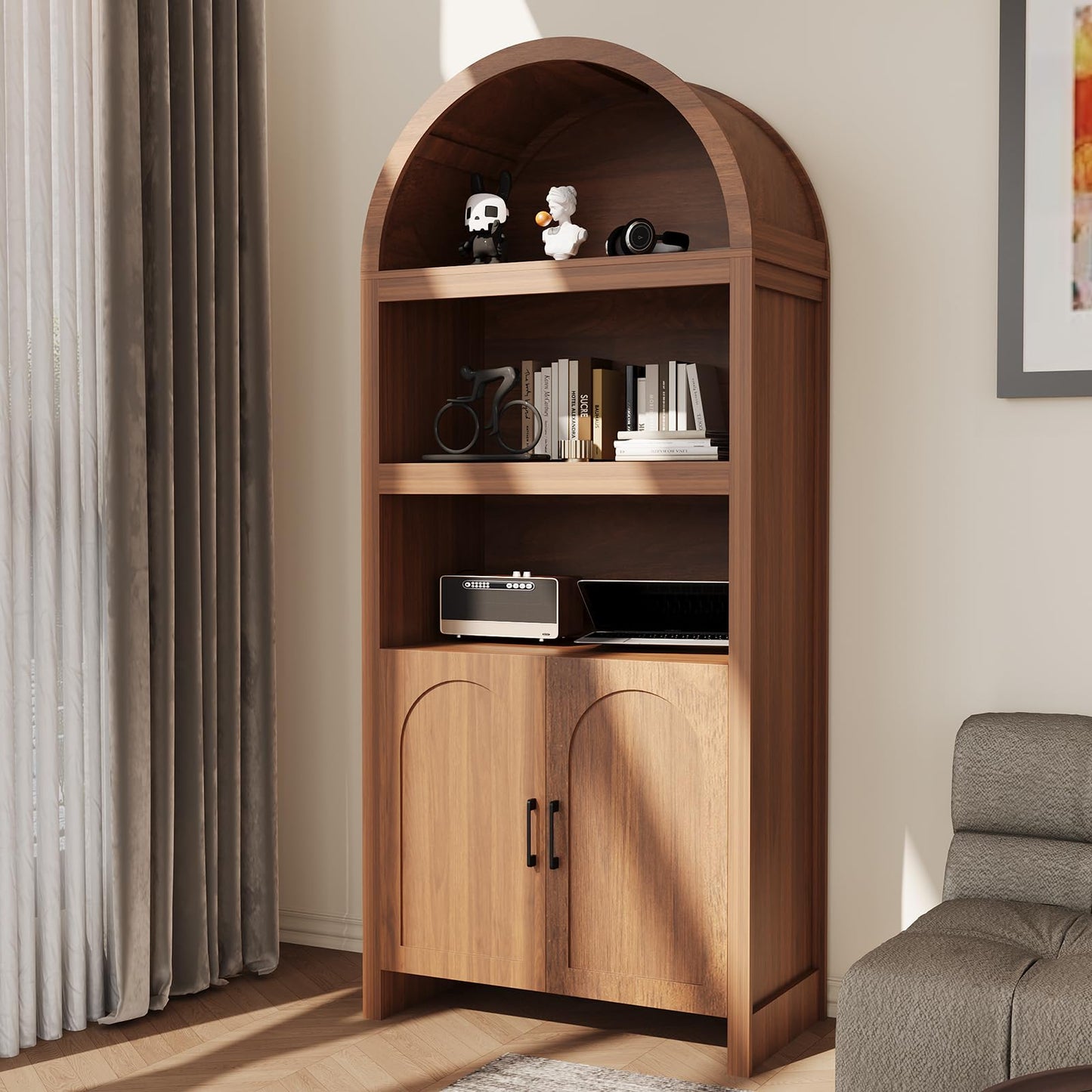IDEALHOUSE 71" Tall Bookshelf Arched Cabinet with Storage, Mid-Century Bookcase Modern Wooden Kitchen Pantry Display Storage Cabinet with Open Adjustable Shelves for Living Room Home Office