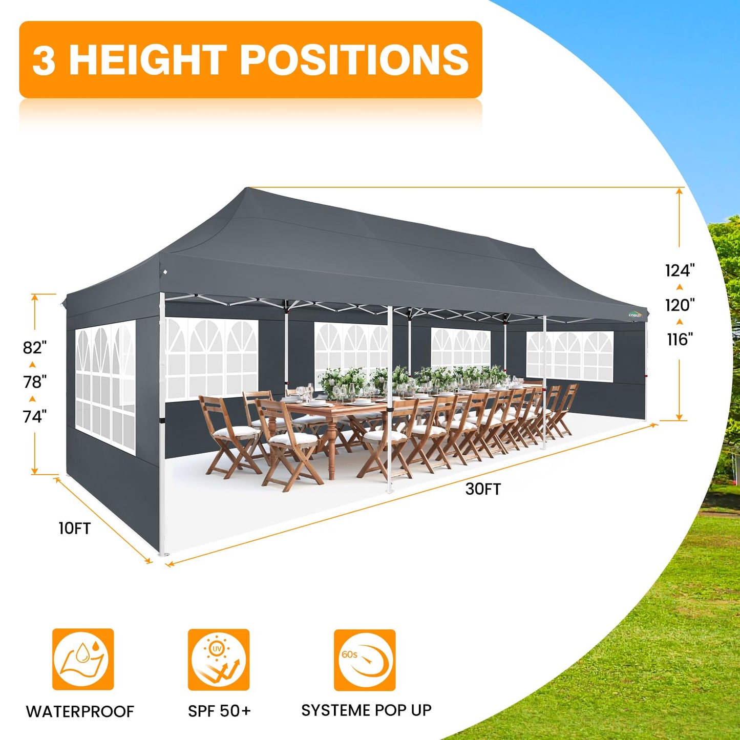 COBIZI 10x30 Pop up Canopy with Roller Bag & 8 Removable Sidewalls, Canopy Tent for Parties, Wedding, and Commercials, Waterproof and Instant Shelter UV50+ Outdoor Gazebo with 4 Sandbags(Gray)