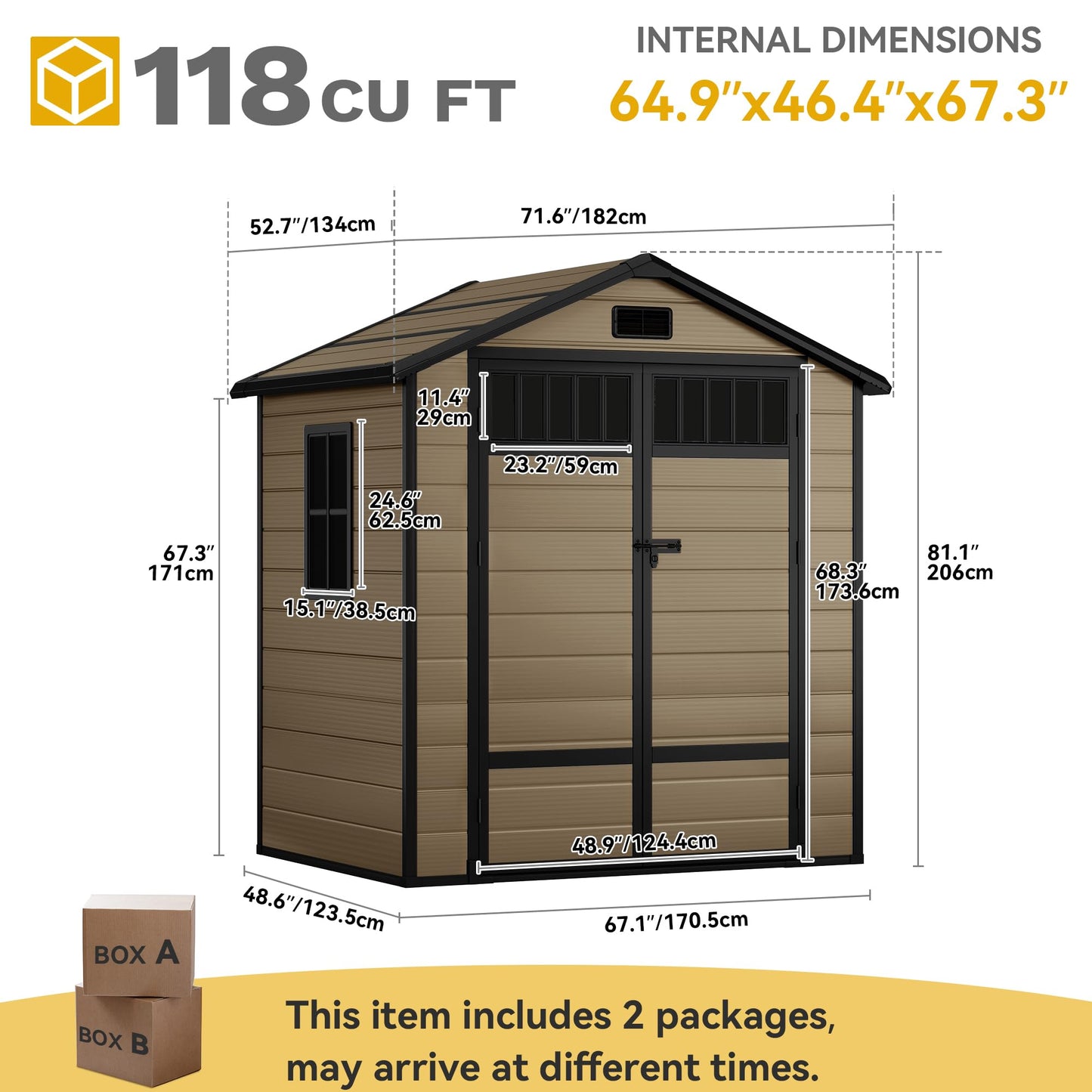 DWVO Outdoor Storage Shed, All-Weather Resin Plastic Storage Shed with Windows, Slanted Roof, Raised Floor, Capacity for Garden Tools/Equipment, Ideal for Backyard Garden