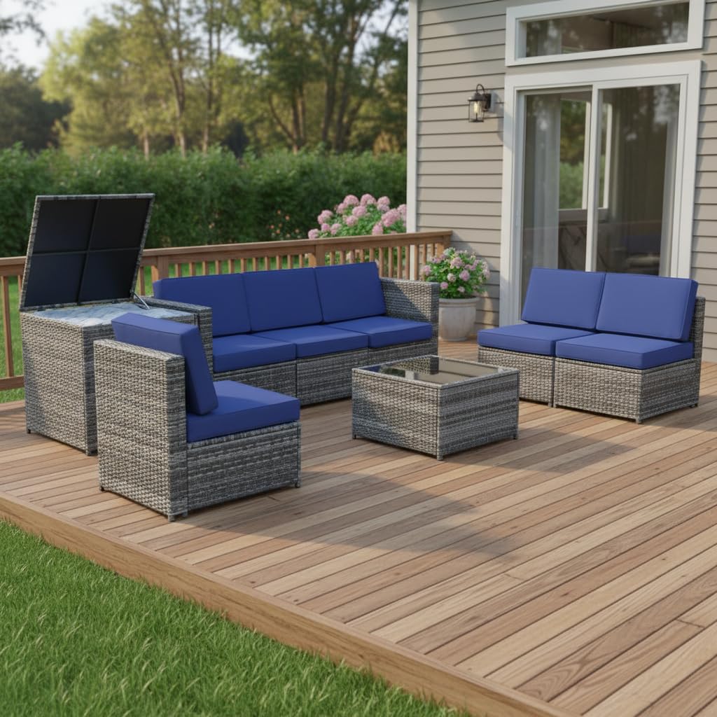 Tangkula 8 Pieces Wicker Patio Furniture Set with Storage Deck Box, PE Rattan Outdoor Sectional Sofa Conversation Set with Coffee Table & Cushions, Outside Furniture for Garden Yard Poolside (Navy)