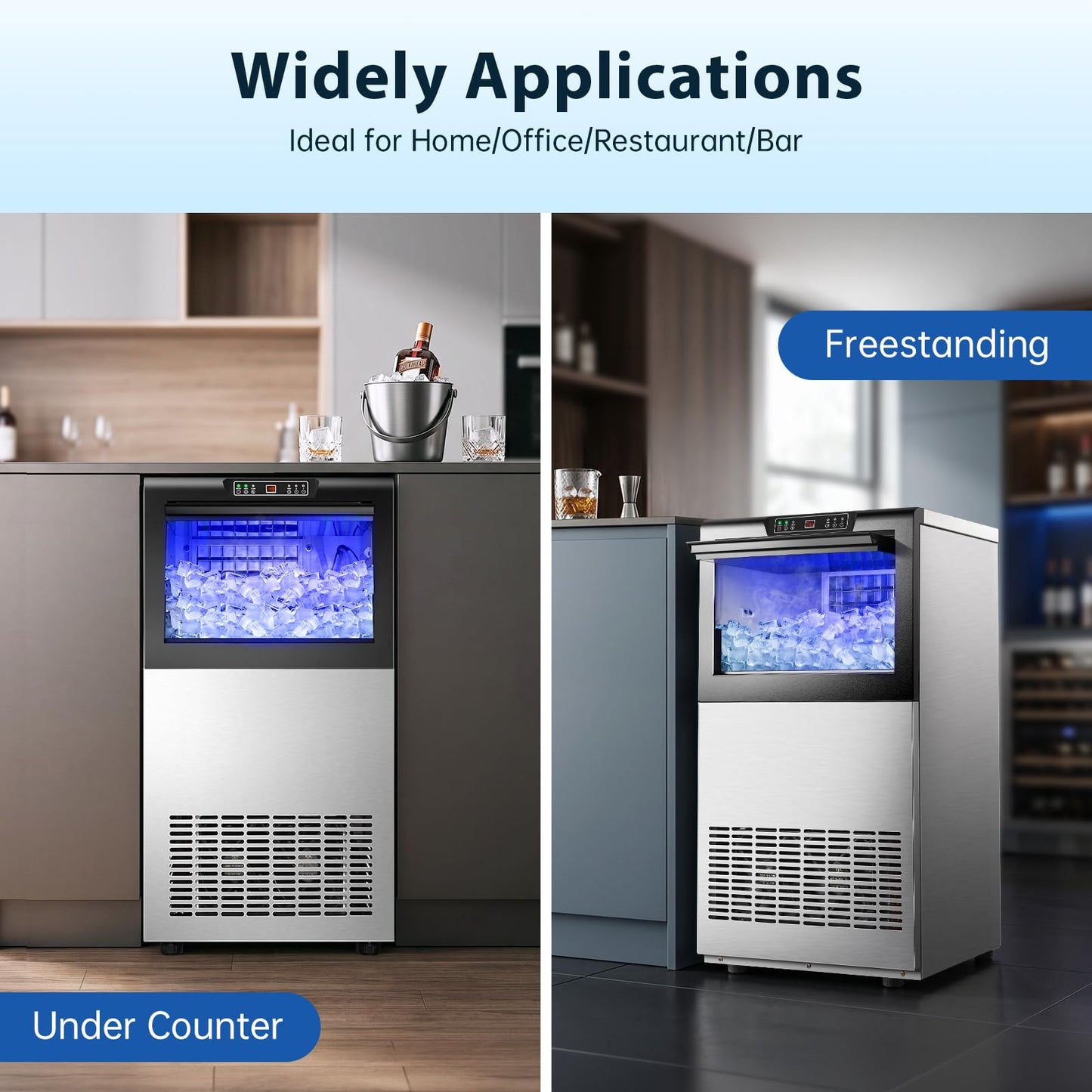 Zomagas Commercial Ice Maker 150lbs/24H, Ice Maker Machine with 50lbs Ice Storage, Self-Cleaning, LED Digital Display, Blue Light, Under Counter/Freestanding Ice Machine for Home Bar Restaurant