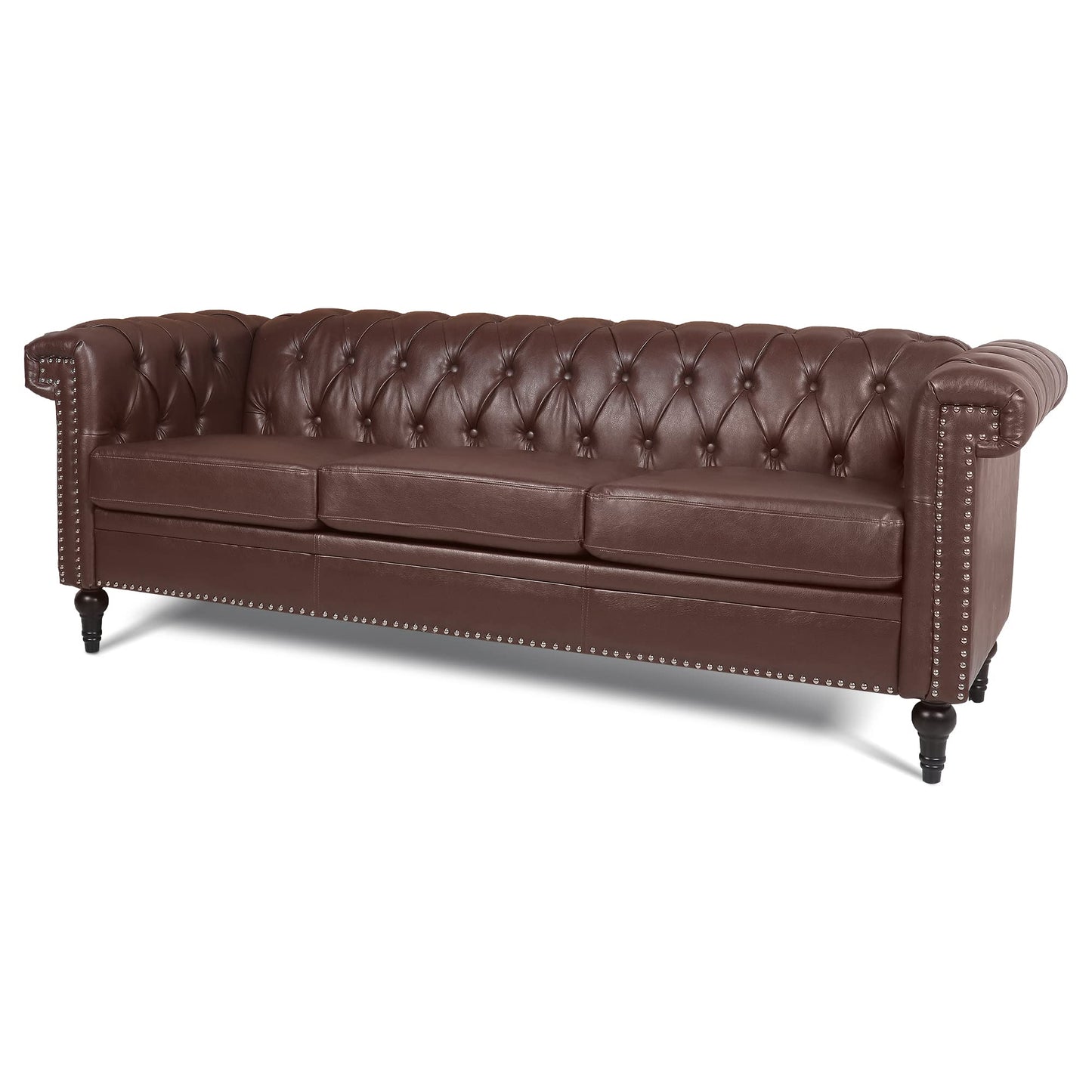 GDFStudio 84" Chesterfield Tufted Sofa Couch with Deep Seat Cushions, Rolled Arms & Gold Accent Strip, Midcentury Modern 3 Seater Upholstered PU Leather Sofa for Living Room, Dark Brown