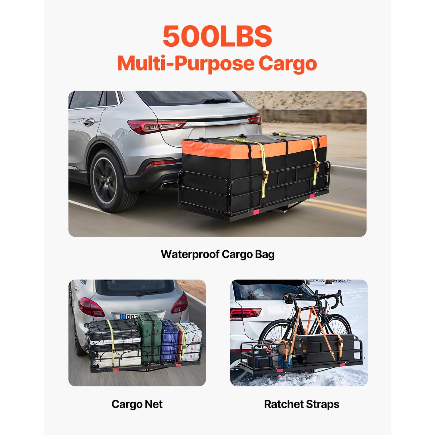 VEVOR 60" x 24" x 14", Hitch Cargo Carrier, 500 lbs Capacity Hitch Cargo Carrier with Cargo Net & Waterproof Cargo Bag, Folding Hitch Mount Cargo Carrier with Reflective Reminder, Fit for SUVs