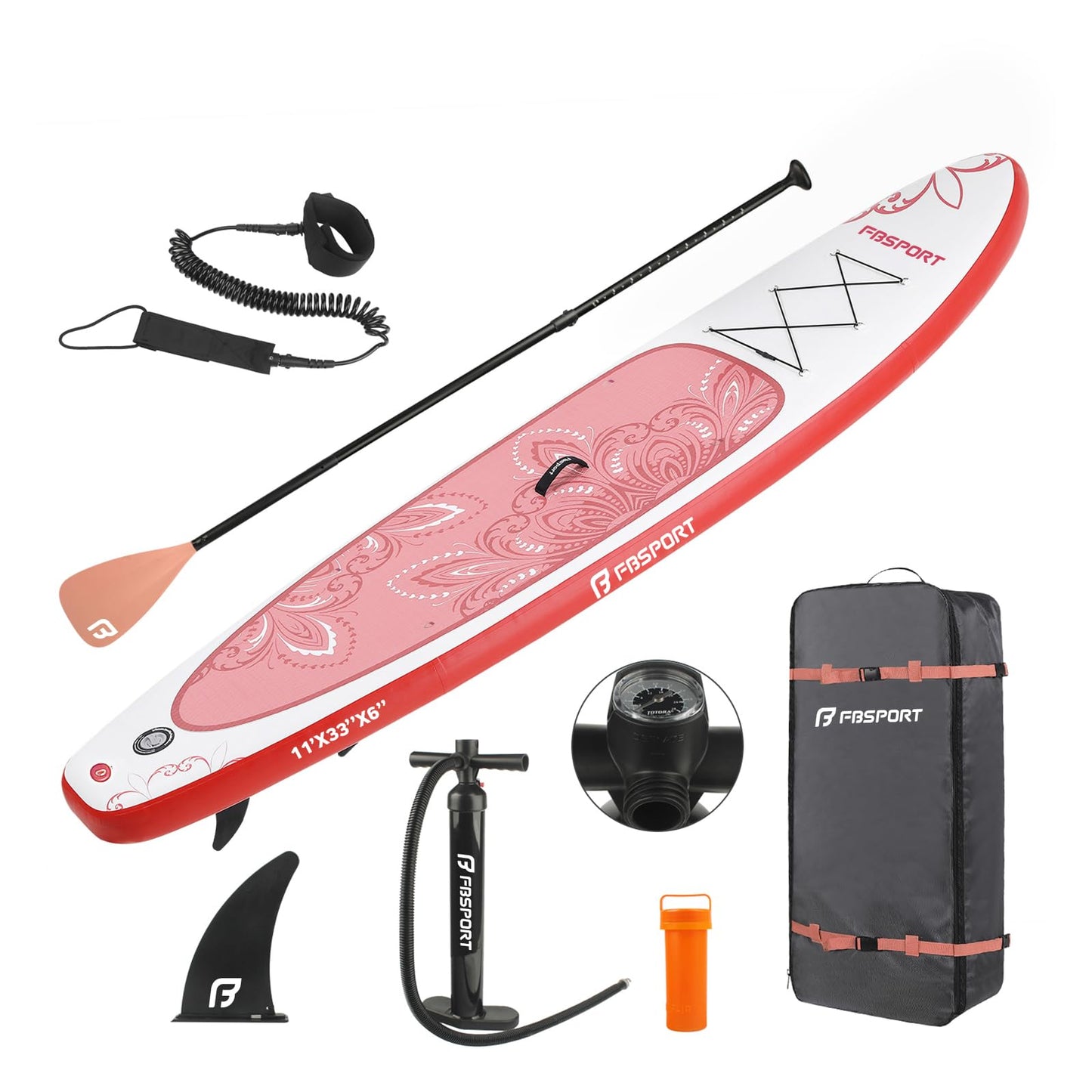 FBSPORT 11' Premium Stand Up Paddle Board, Yoga Board with SUP Accessories & Carry Bag | Wide Stance, Surf Control, Non-Slip Deck, Leash, Paddle and Pump for Youth & Adult (PinkWhite)